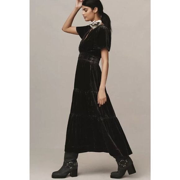 NWT Anthropologie Somerset Gray Tiered v neck velvet maxi dress XXS - Picture 3 of 14